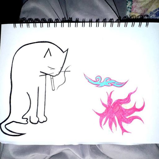 Эскиз: кот с сигаретой, розовое солнце и трайбл-крылья